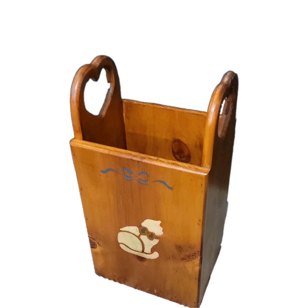 Vintage Hand Made/ Painted Cats Wooden Magazine Rack W/ Heart Cutouts 21"×11"×9"